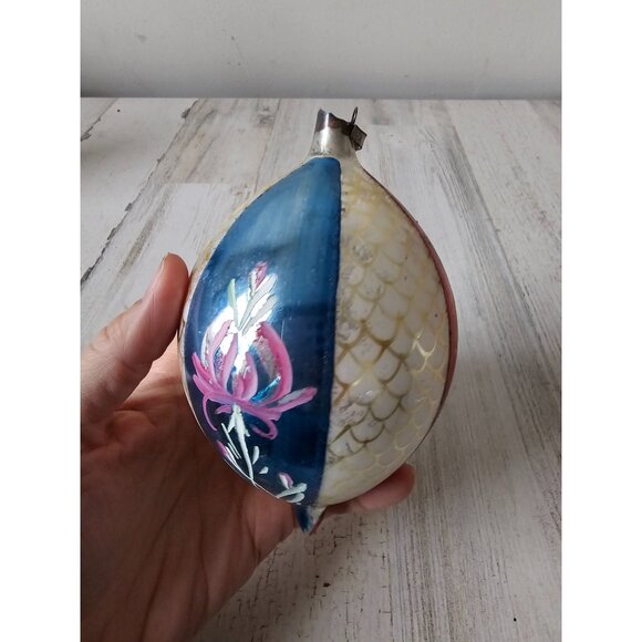 Antique flower striped teardrop glass Mercury ornament Xmas tree yellow blue she - Picture 3 of 10